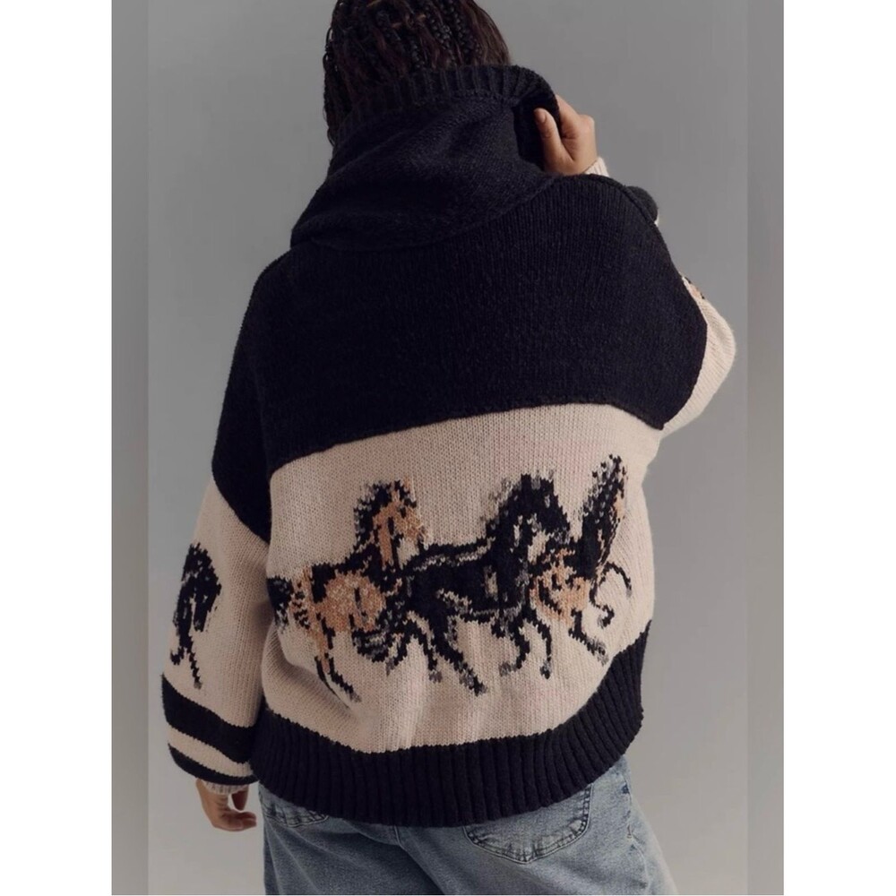 NWT Anthropologie Pilcro Horse Graphic Shawl Collar Chunky Knit Cardigan Medium - Picture 12 of 13